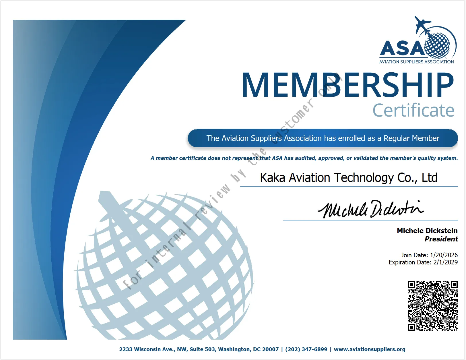 ASA Regular Member certificate preview